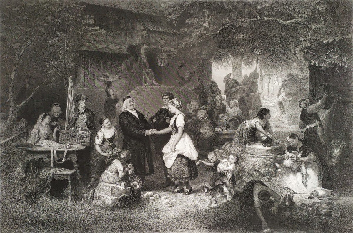 Large Etching 19th C Engraving Genre Scene Old Print -photo-1