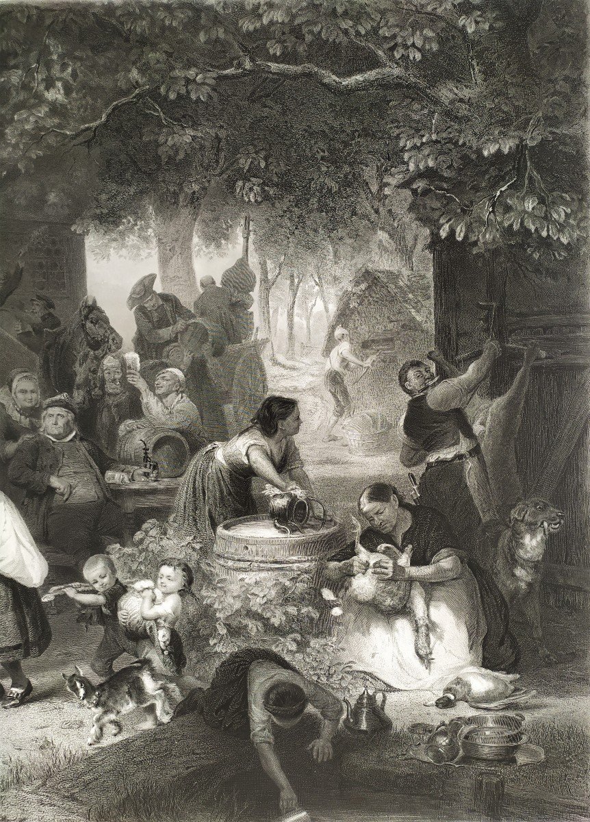 Large Etching 19th C Engraving Genre Scene Old Print -photo-2