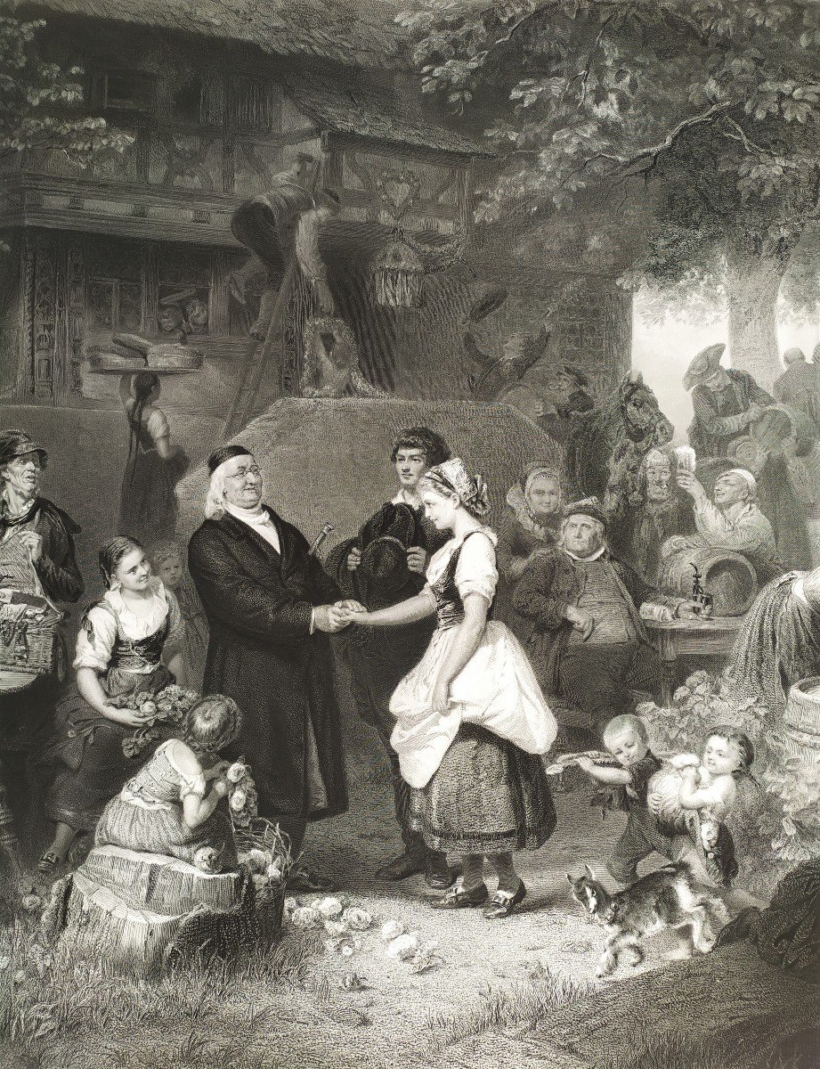 Large Etching 19th C Engraving Genre Scene Old Print -photo-3