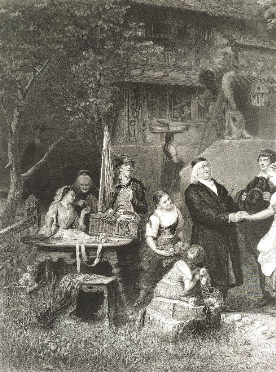 Large Etching 19th C Engraving Genre Scene Old Print -photo-4