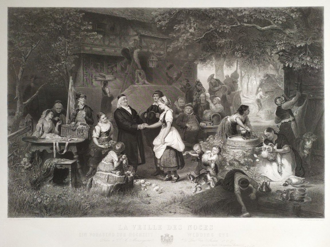 Large Etching 19th C Engraving Genre Scene Old Print 