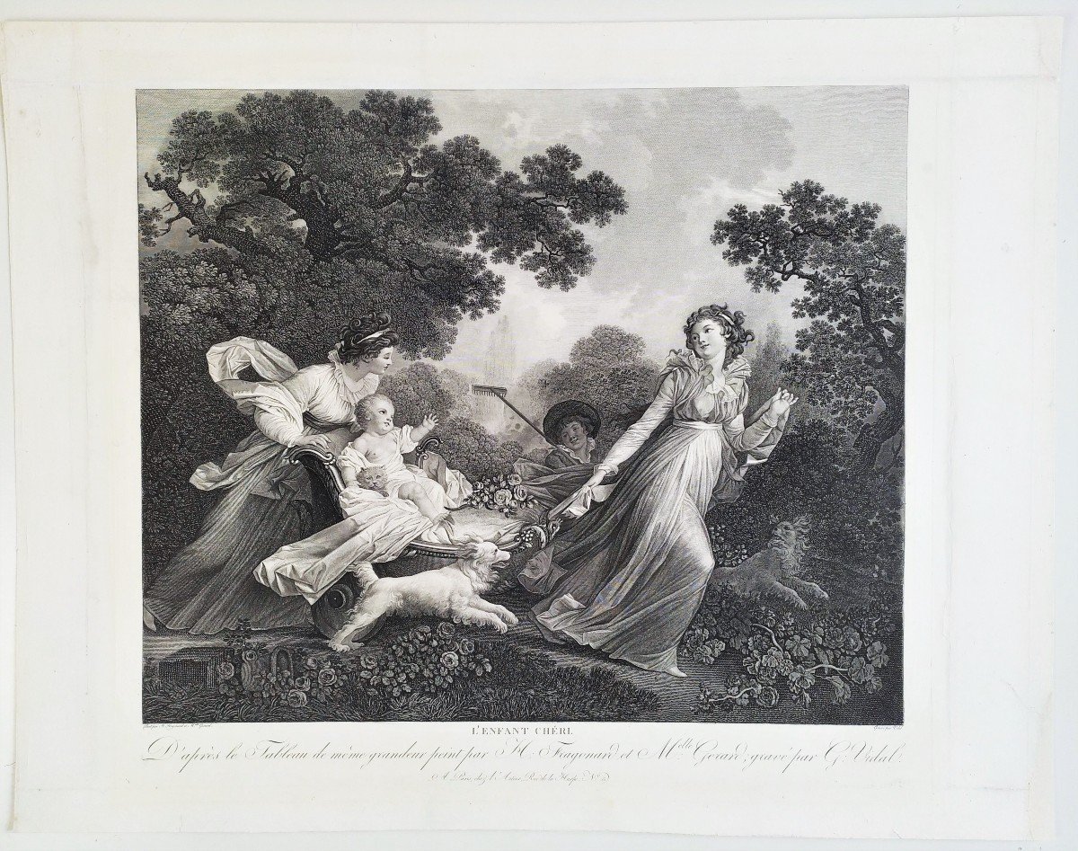 Large Engraving Mother And Child Etching After Fragonard, 18th C Old Print -photo-2