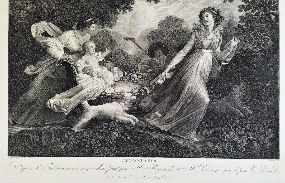 Large Engraving Mother And Child Etching After Fragonard, 18th C Old Print -photo-4