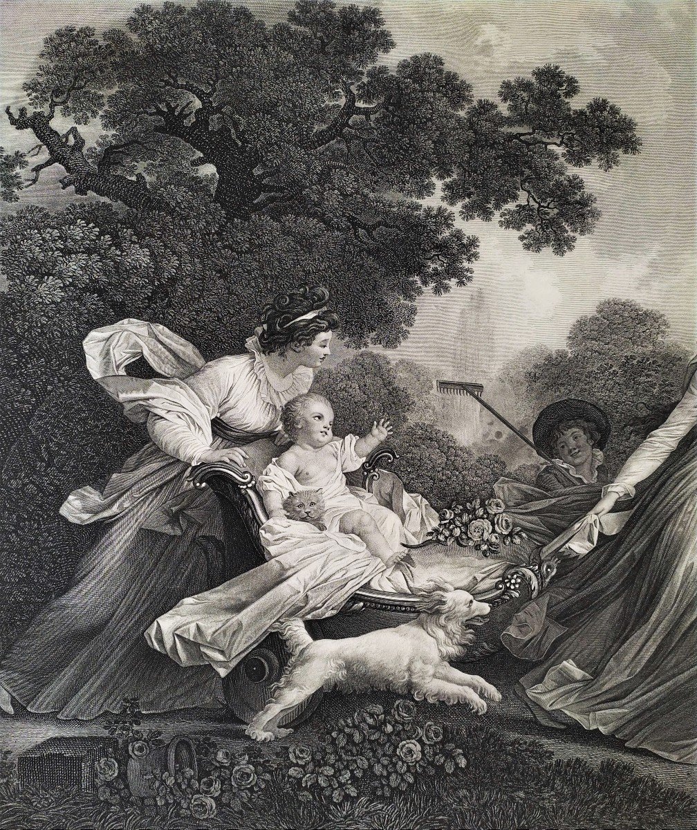 Large Engraving Mother And Child Etching After Fragonard, 18th C Old Print -photo-1