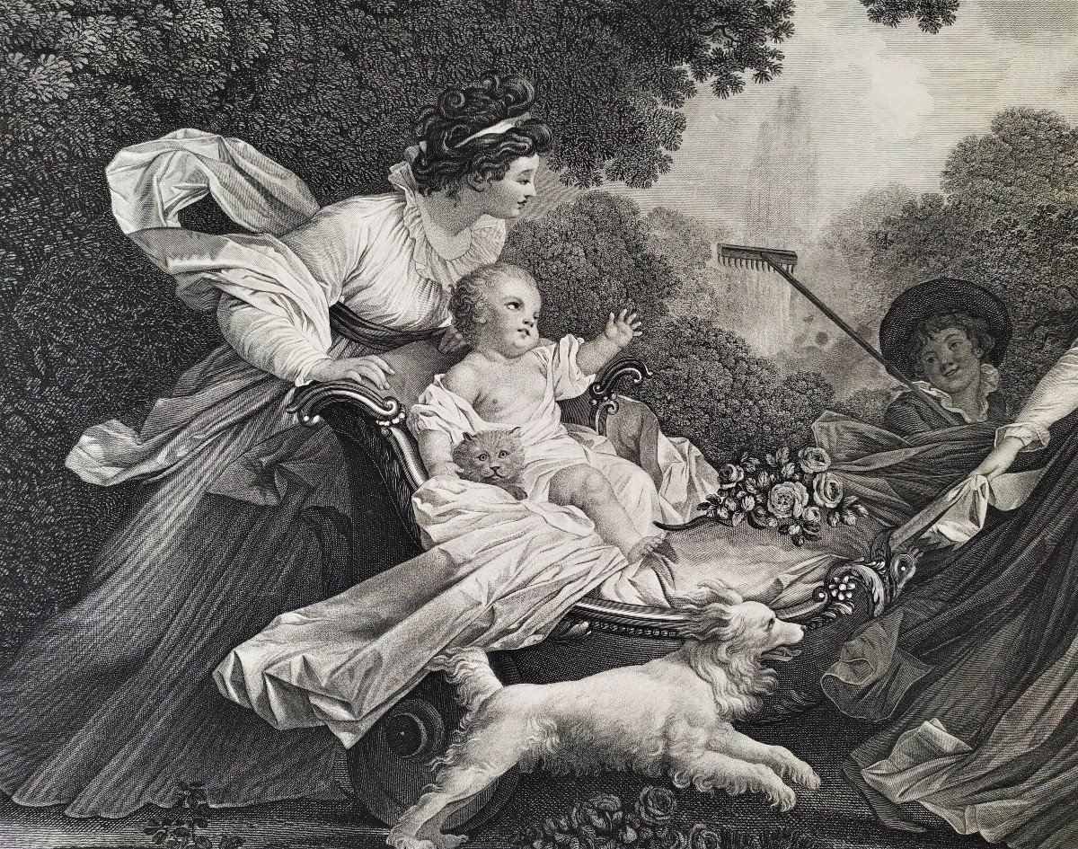 Large Engraving Mother And Child Etching After Fragonard, 18th C Old Print -photo-3