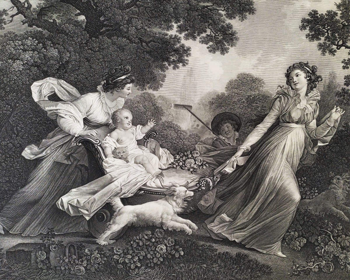 Large Engraving Mother And Child Etching After Fragonard, 18th C Old Print -photo-4