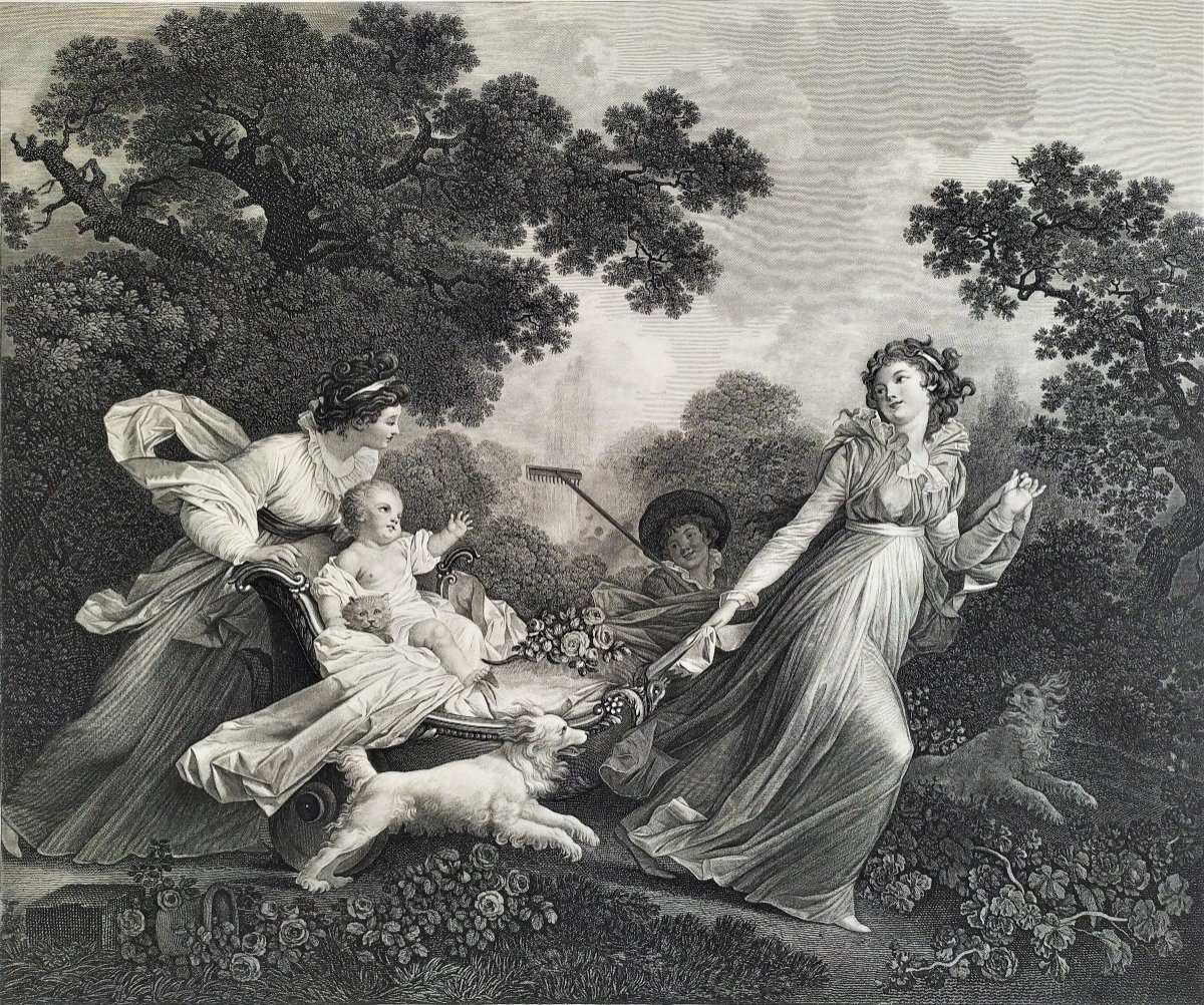 Large Engraving Mother And Child Etching After Fragonard, 18th C Old Print -photo-5