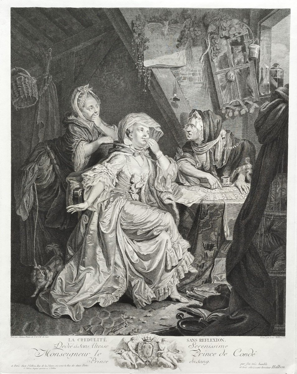 Gravure 18ème scène de genre Chez une voyante