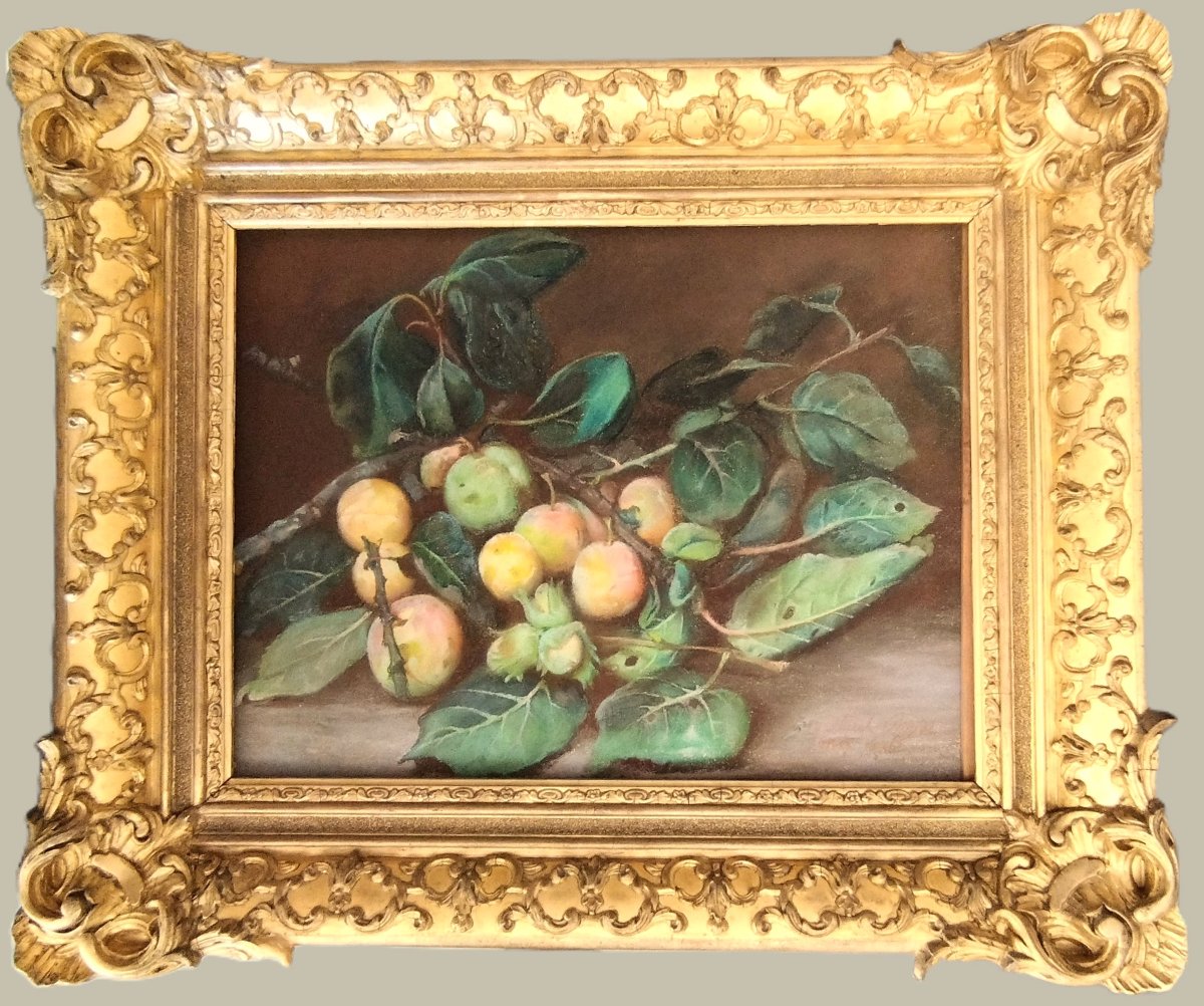 Marie Octavie Paigné Nature morte aux prunes pastel Ecole de Metz 19ème