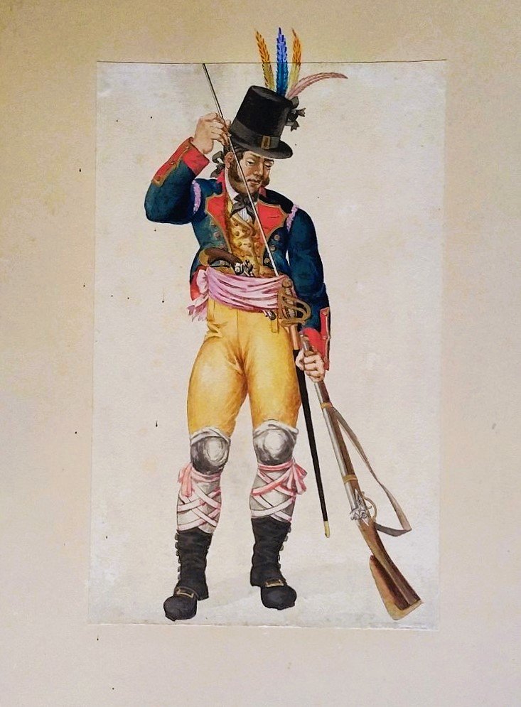 Man In Uniform Loading His Gun Watercolor, 19th-century Drawing-photo-2