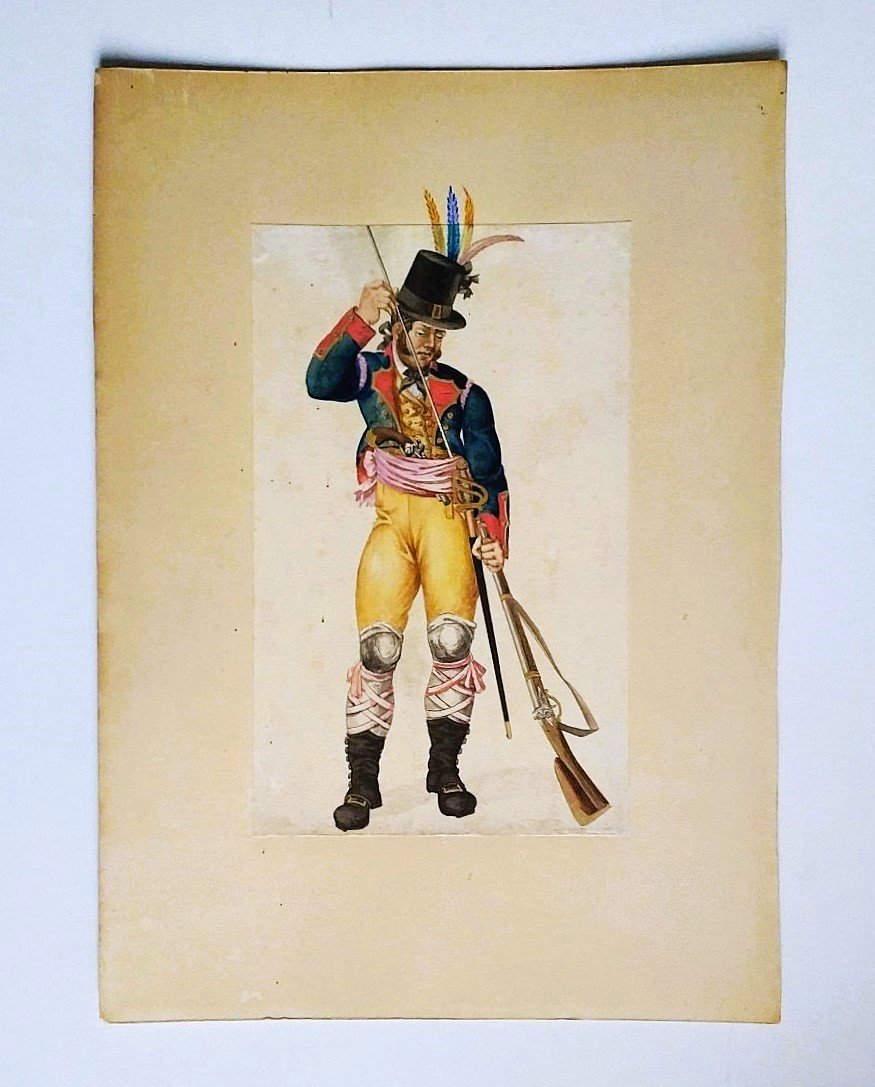 Man In Uniform Loading His Gun Watercolor, 19th-century Drawing-photo-3