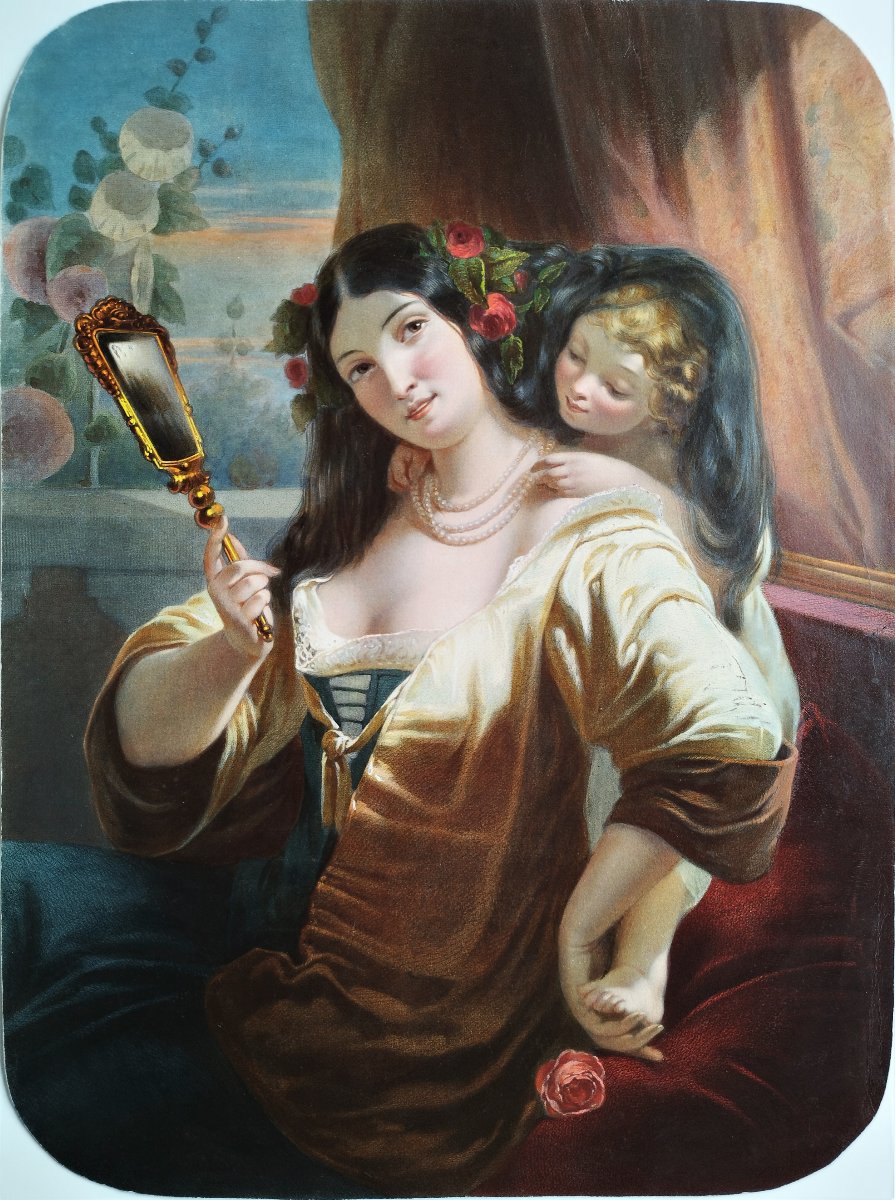 Grande gravure Aquarellée Femme Avec Sa Fillette 19ème-photo-2