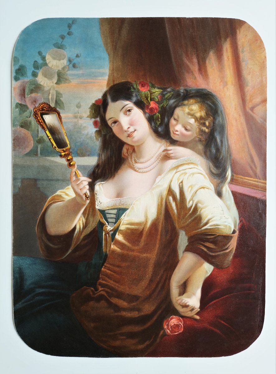 Grande gravure Aquarellée Femme Avec Sa Fillette 19ème