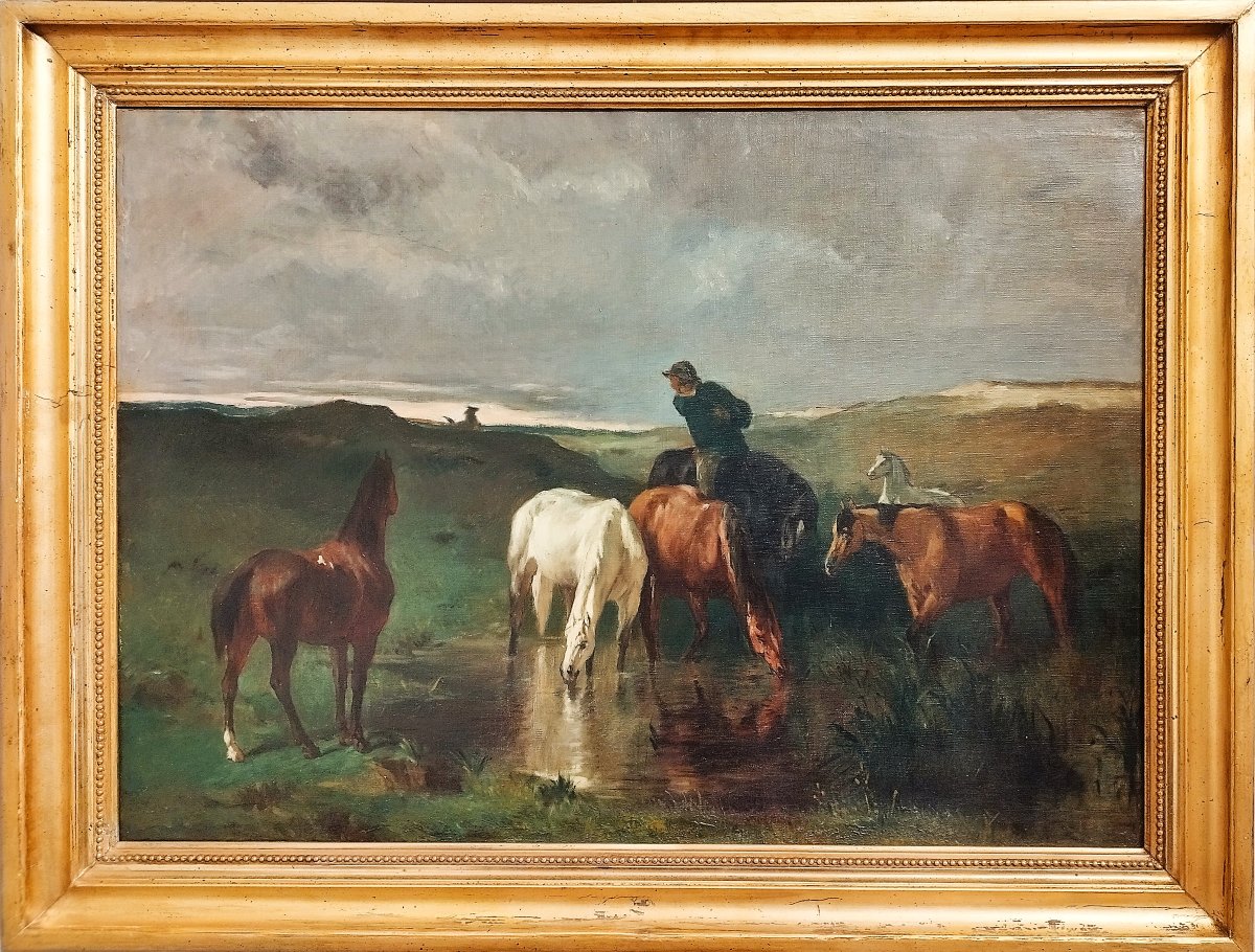 Tableau huile sur toile l'Abreuvoir  chevaux le soir d'après Evariste-Vital Luminais 19ème-photo-4
