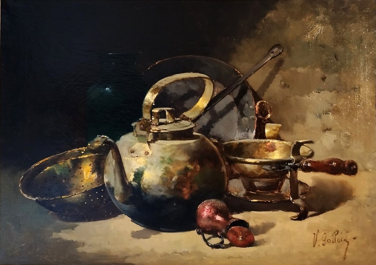 Tableau Huile Sur Toile Nature Morte Aux Cuivres par Victor Gallois 19ème-photo-2