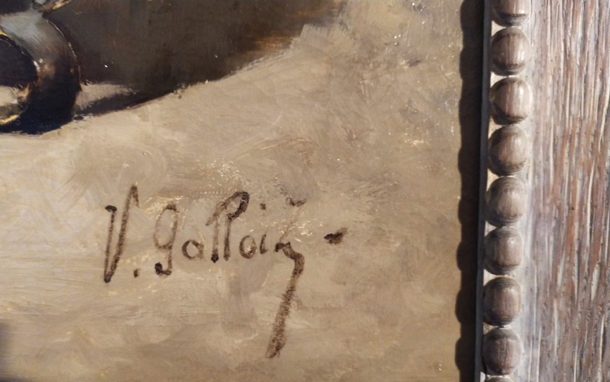 Tableau Huile Sur Toile Nature Morte Aux Cuivres par Victor Gallois 19ème-photo-4