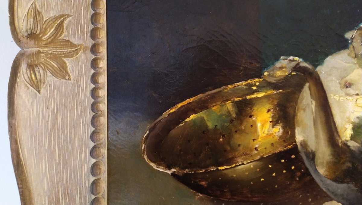 Tableau Huile Sur Toile Nature Morte Aux Cuivres par Victor Gallois 19ème-photo-1