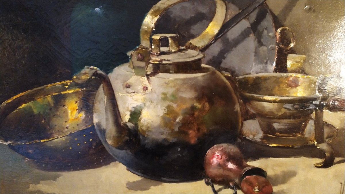 Tableau Huile Sur Toile Nature Morte Aux Cuivres par Victor Gallois 19ème-photo-2