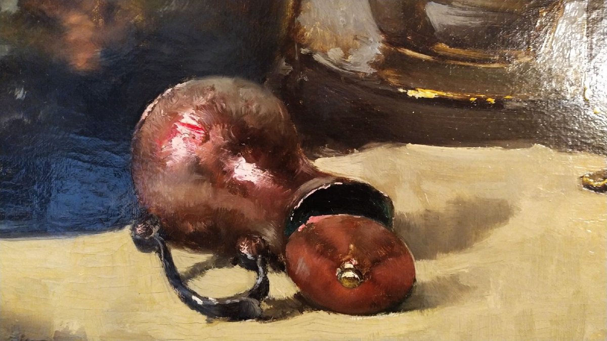 Tableau Huile Sur Toile Nature Morte Aux Cuivres par Victor Gallois 19ème-photo-4