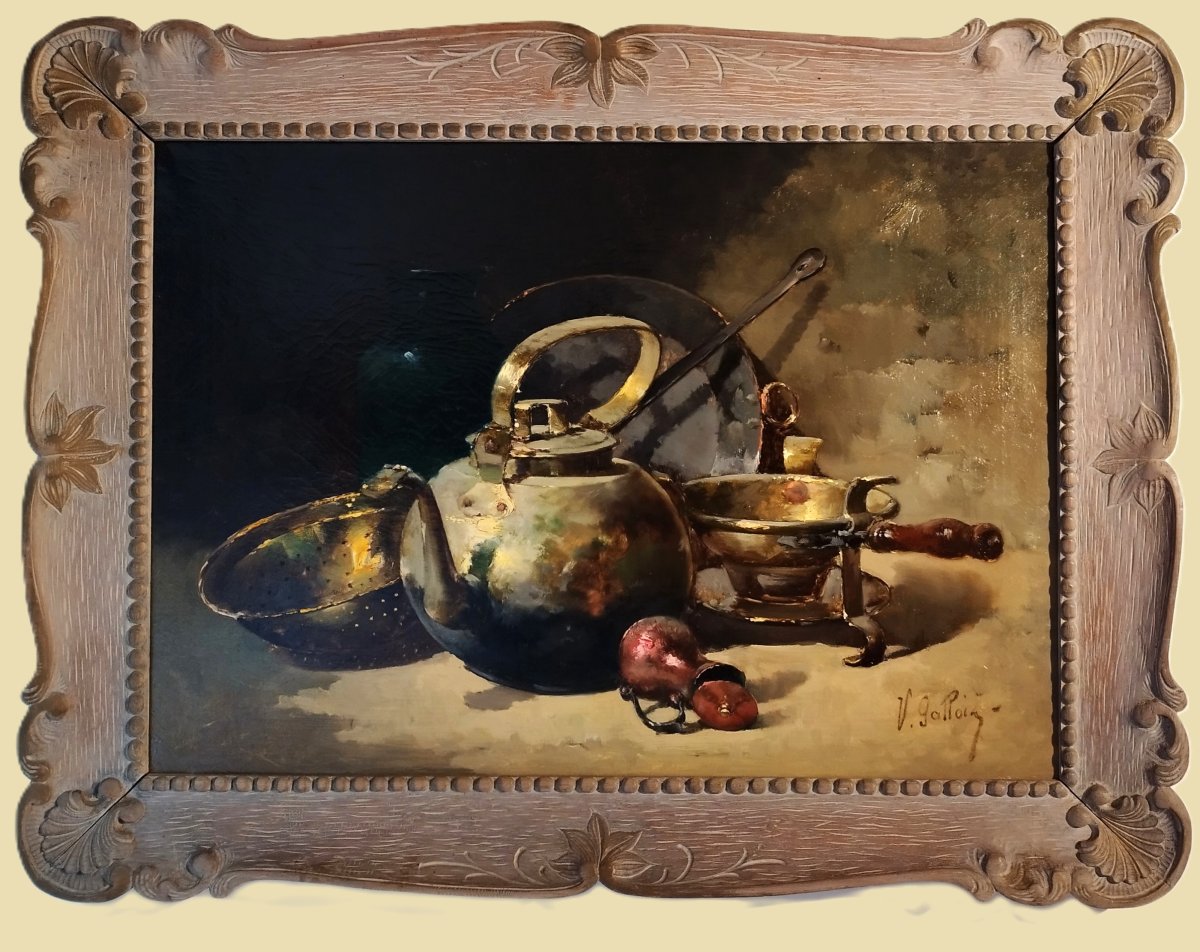Tableau Huile Sur Toile Nature Morte Aux Cuivres par Victor Gallois 19ème