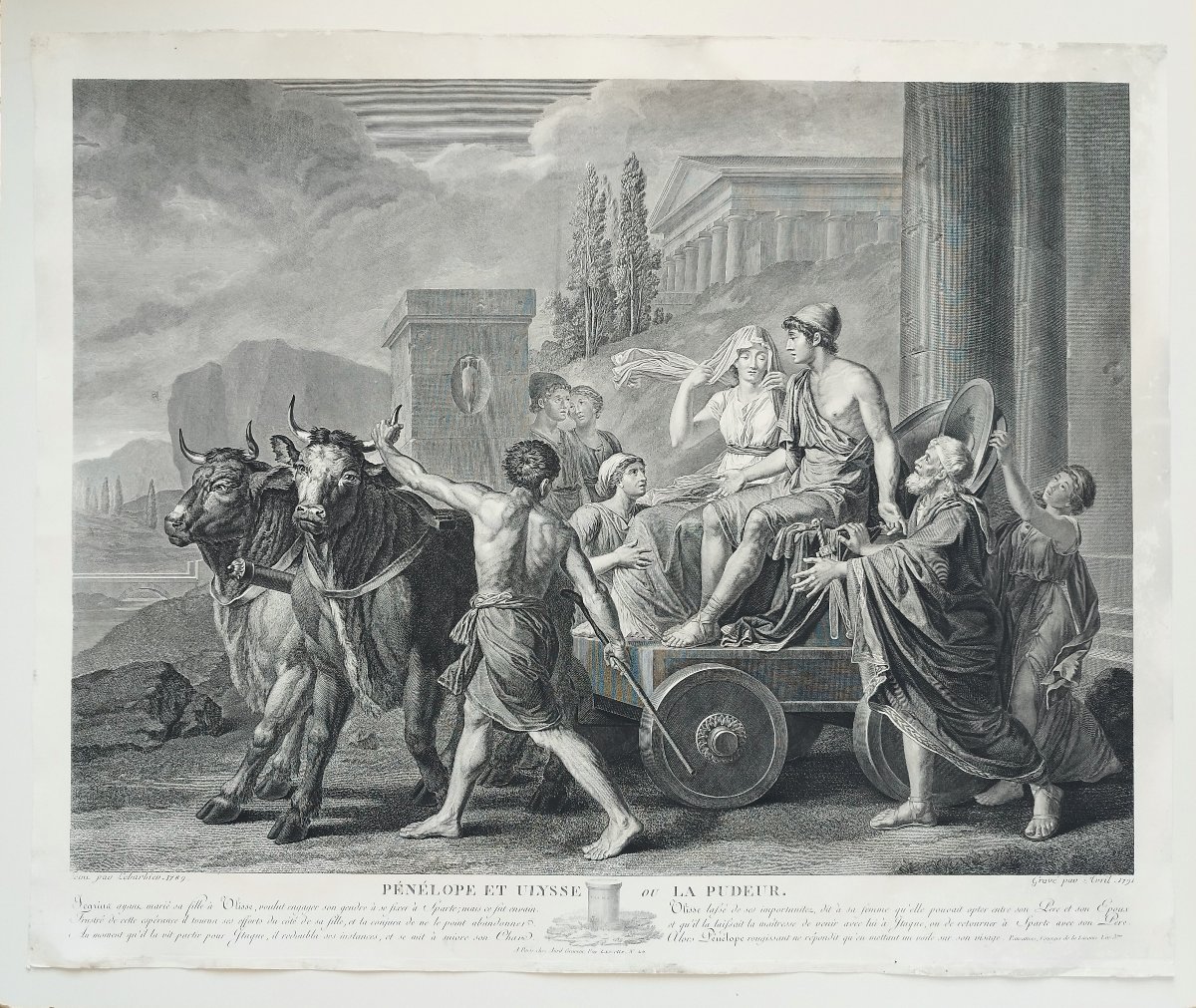 Grande gravure ancienne mythologique Pénélope et Ulysse XVIIIème-photo-2