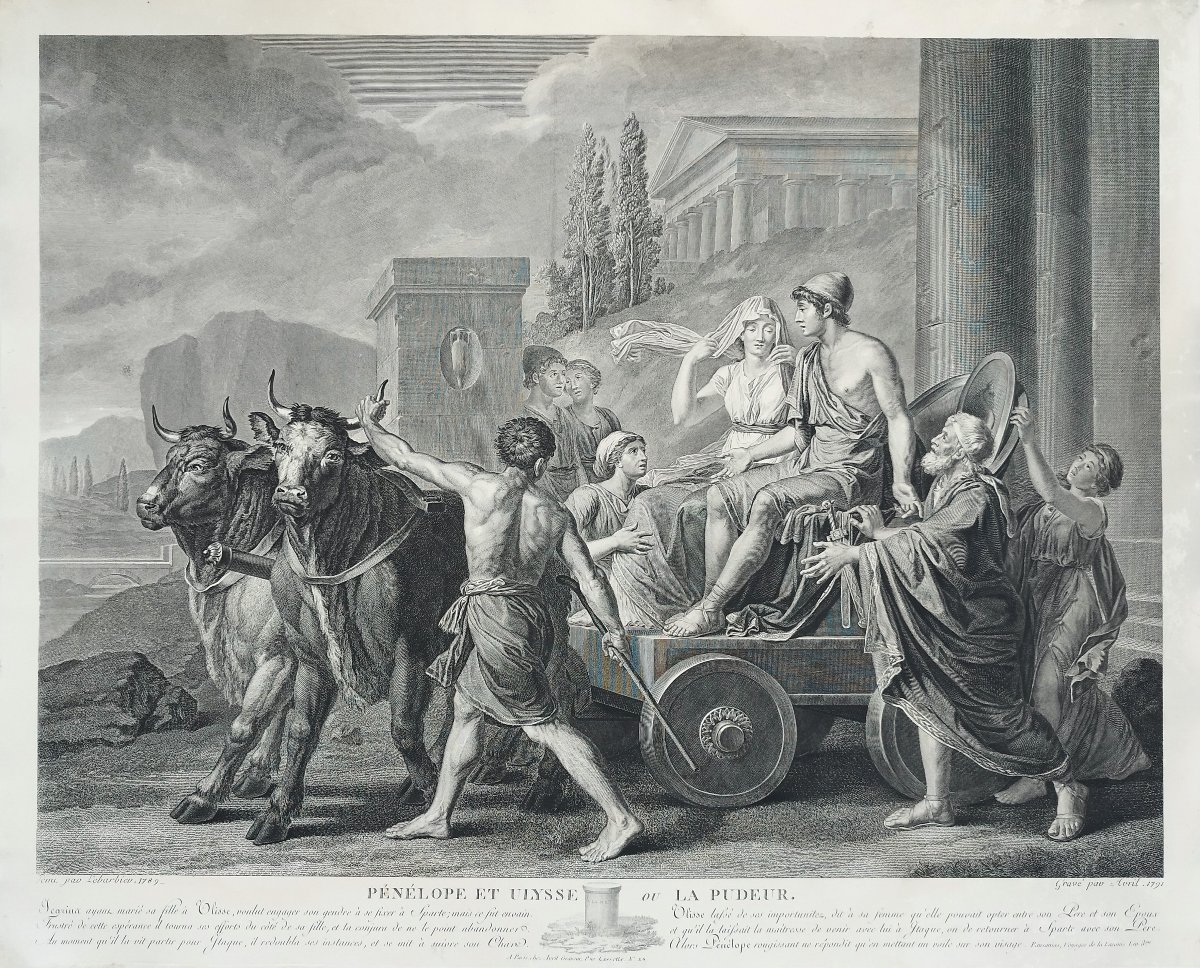 Grande gravure ancienne mythologique Pénélope et Ulysse XVIIIème-photo-3