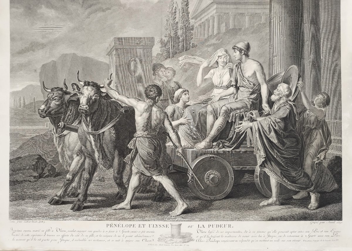 Grande gravure ancienne mythologique Pénélope et Ulysse XVIIIème-photo-4