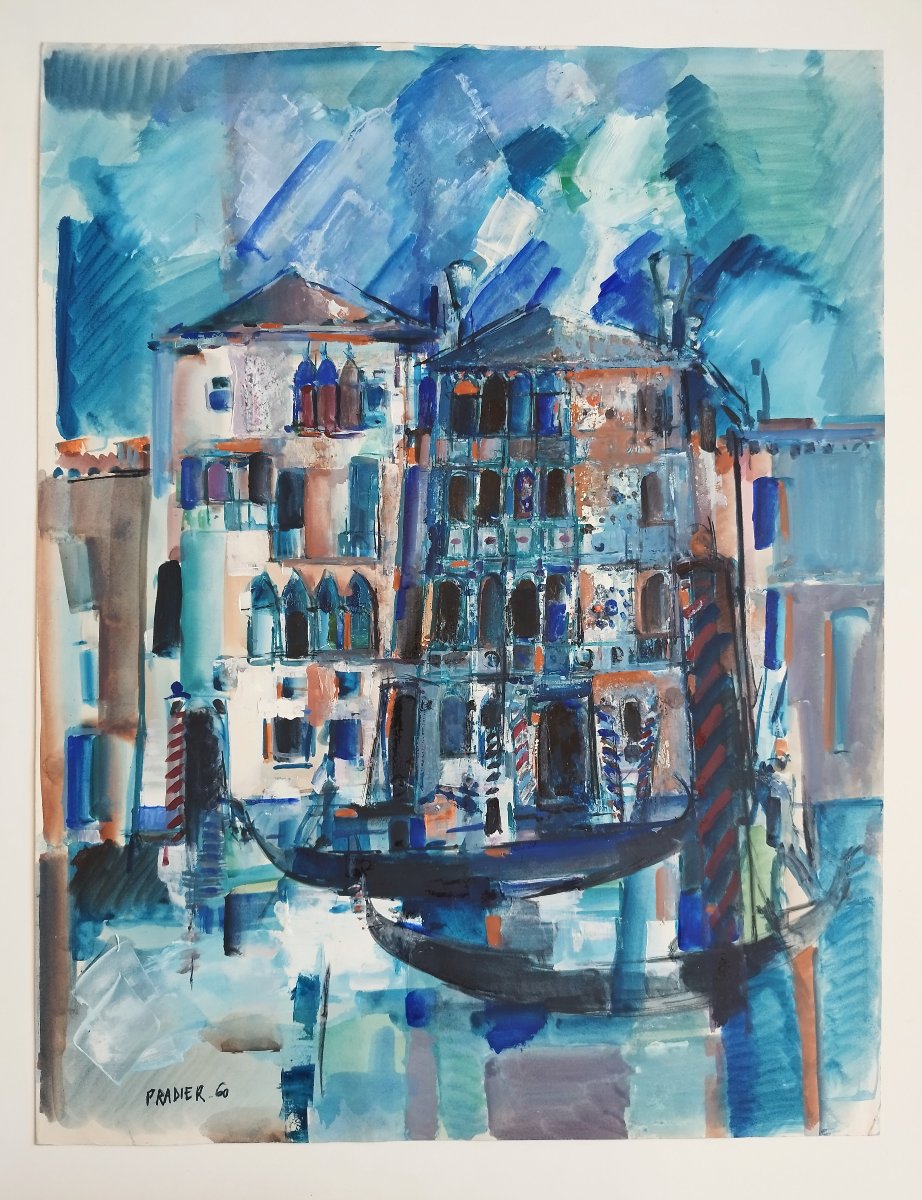 Venice Italy By Raoul Pradier, Oil On Paper 20th C-photo-2