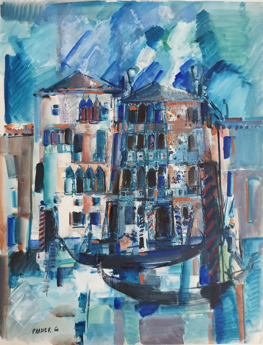 Venice Italy By Raoul Pradier, Oil On Paper 20th C-photo-3