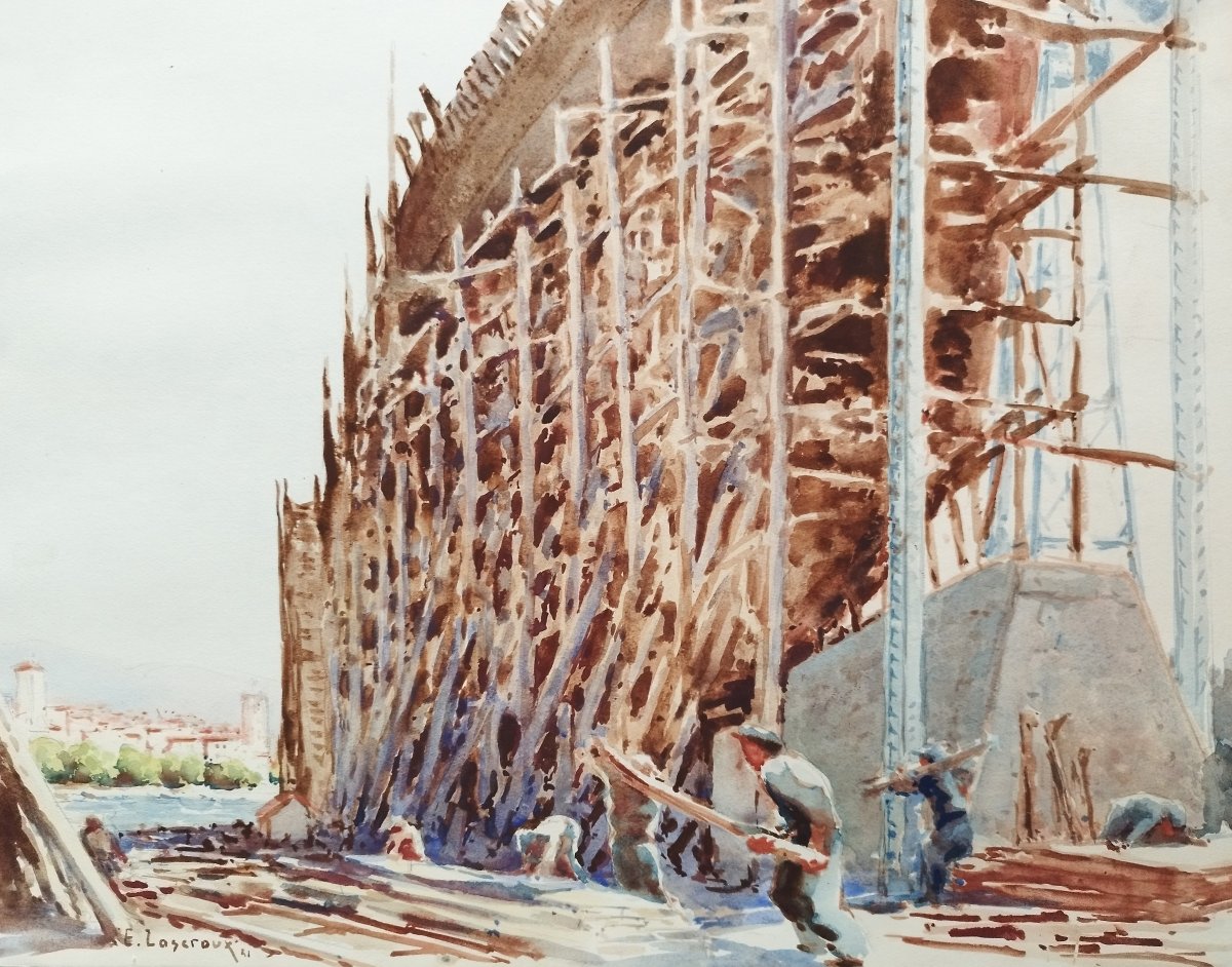 Lascroux, G.e. La Ciotat Shipyard, Marseille, Watercolor, 1941-photo-2