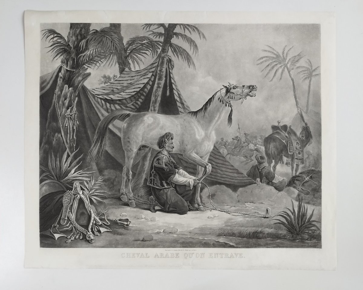 Cheval Arabe Gravure Orientaliste aquatinte d'Après Vernet 19ème-photo-2