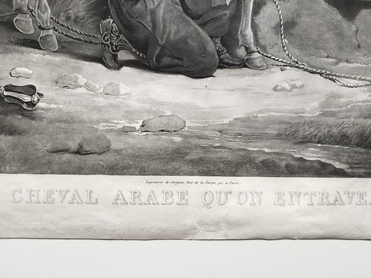 Cheval Arabe Gravure Orientaliste aquatinte d'Après Vernet 19ème-photo-2