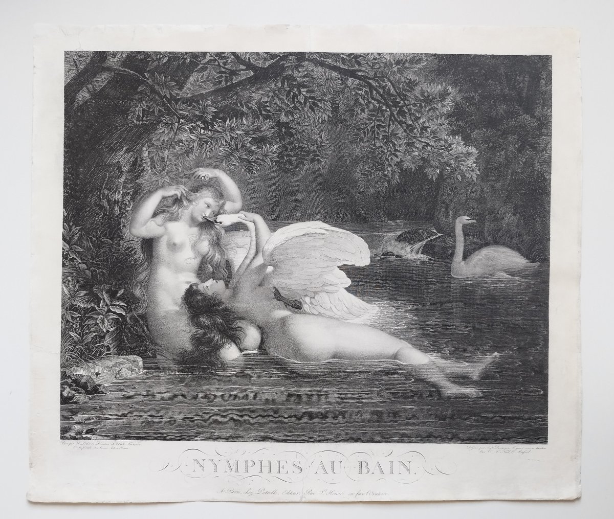 Nymphs Leda And The Swan: An Antique Engraving By Desnoyers, After Guillon Lérhière Etching -photo-2