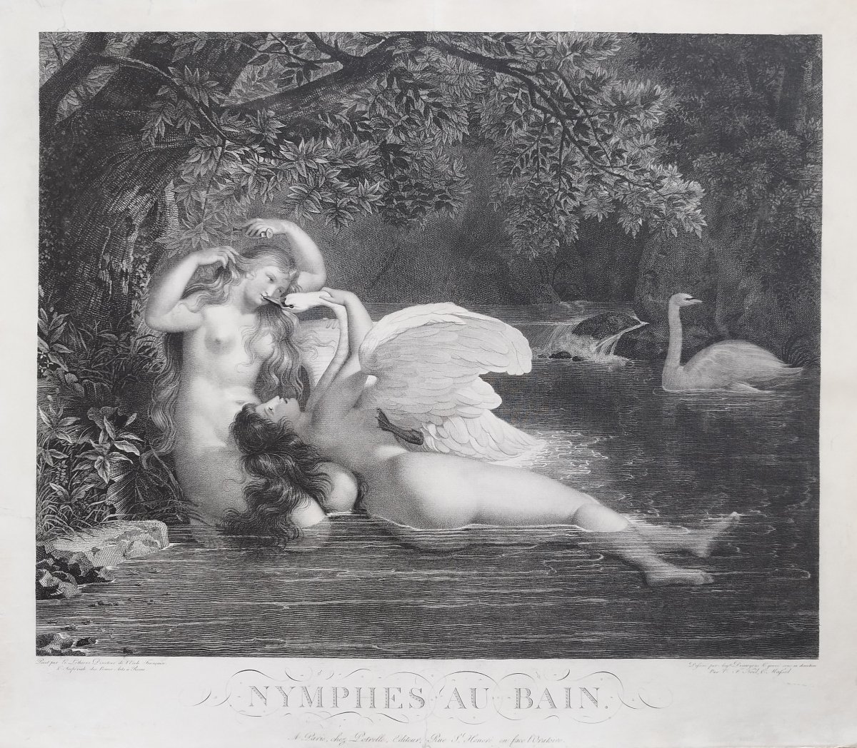 Nymphs Leda And The Swan: An Antique Engraving By Desnoyers, After Guillon Lérhière Etching -photo-3