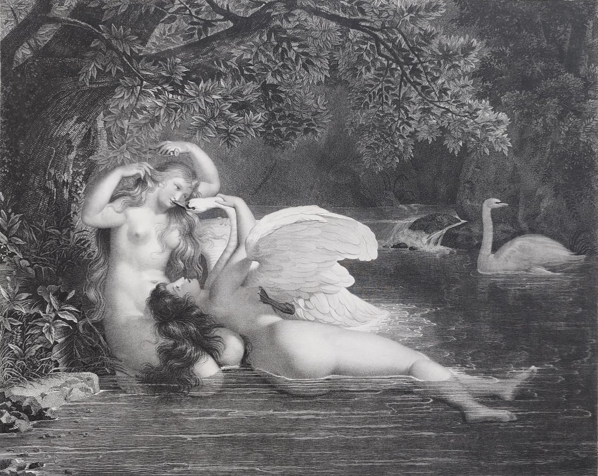 Nymphs Leda And The Swan: An Antique Engraving By Desnoyers, After Guillon Lérhière Etching -photo-4