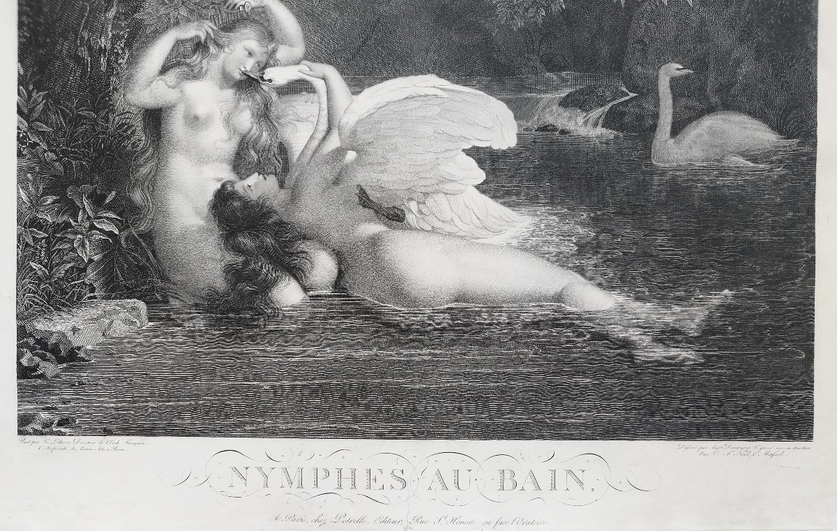 Nymphs Leda And The Swan: An Antique Engraving By Desnoyers, After Guillon Lérhière Etching -photo-1