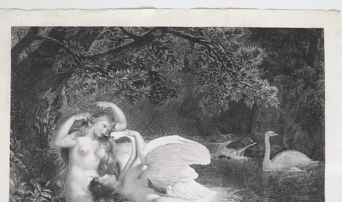 Nymphs Leda And The Swan: An Antique Engraving By Desnoyers, After Guillon Lérhière Etching -photo-2