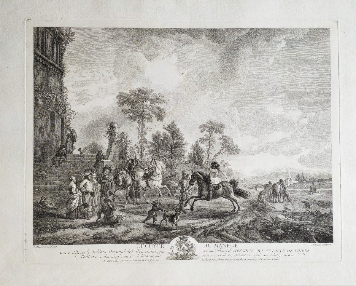 Horses Etching 18th C Engraving Old Print -photo-3