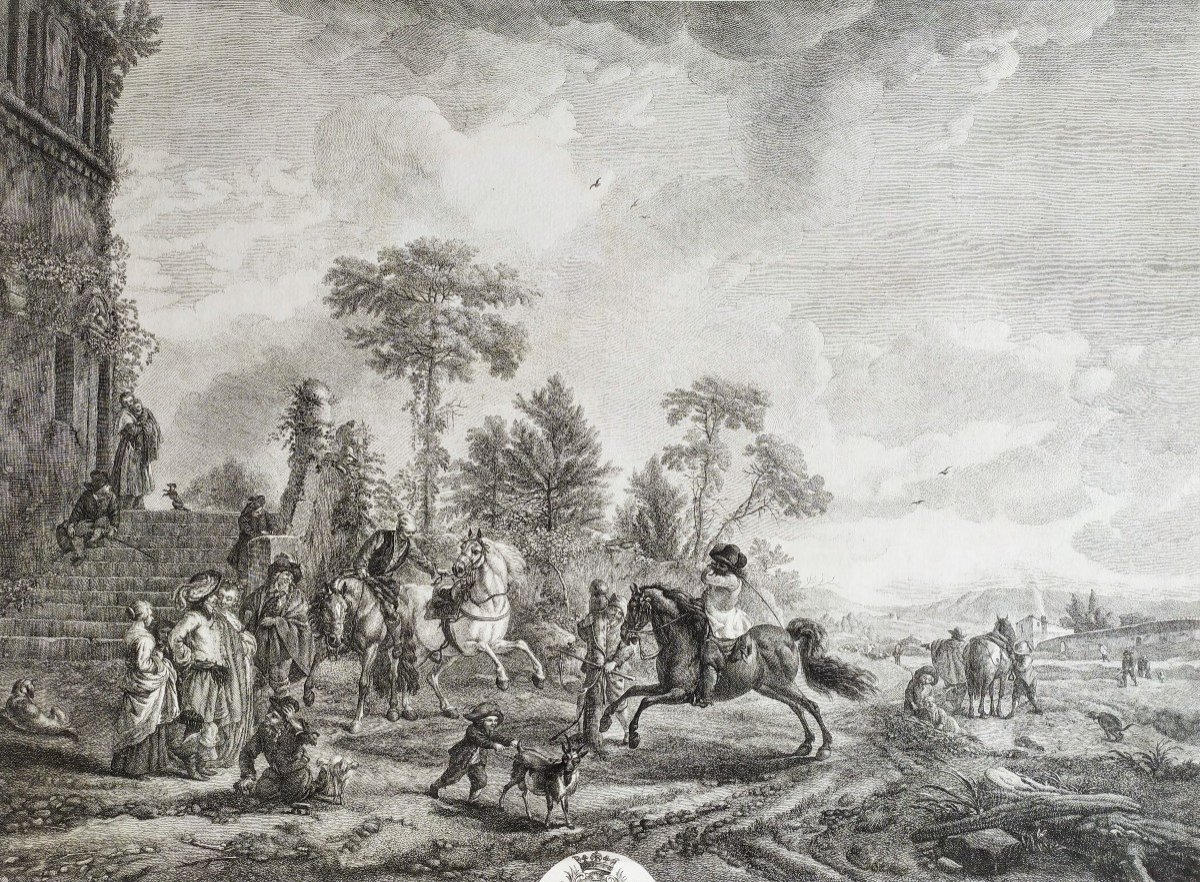 Horses Etching 18th C Engraving Old Print -photo-3