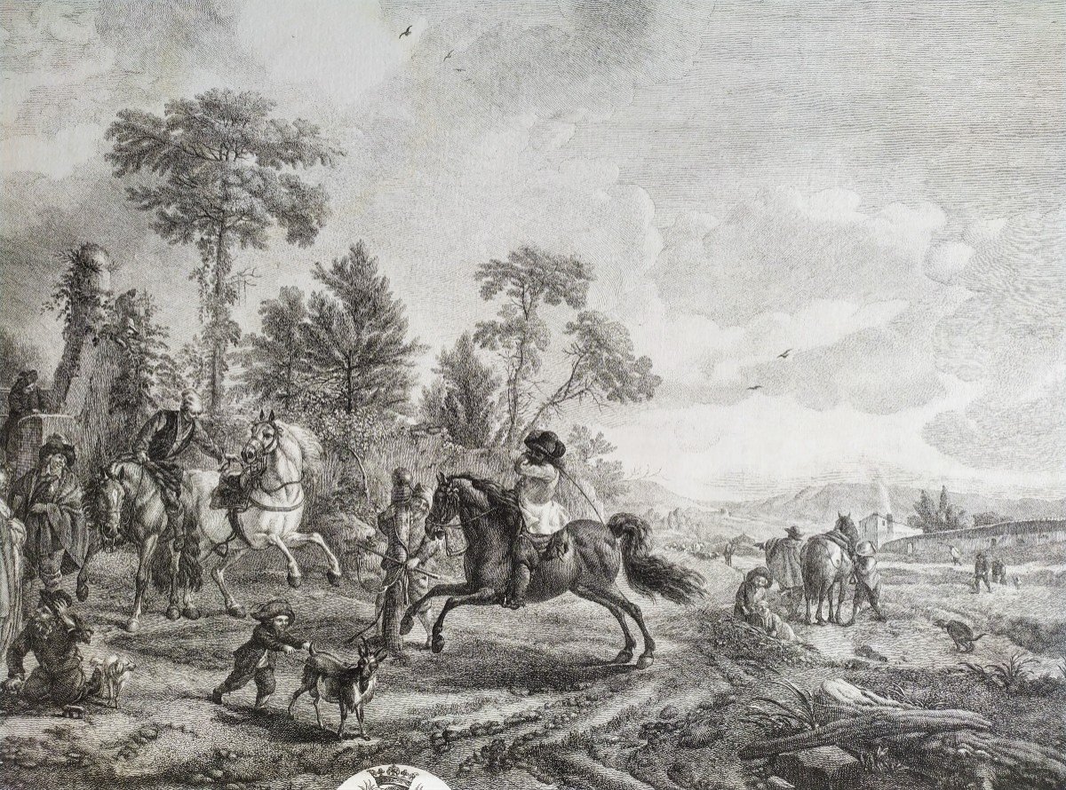 Horses Etching 18th C Engraving Old Print -photo-4