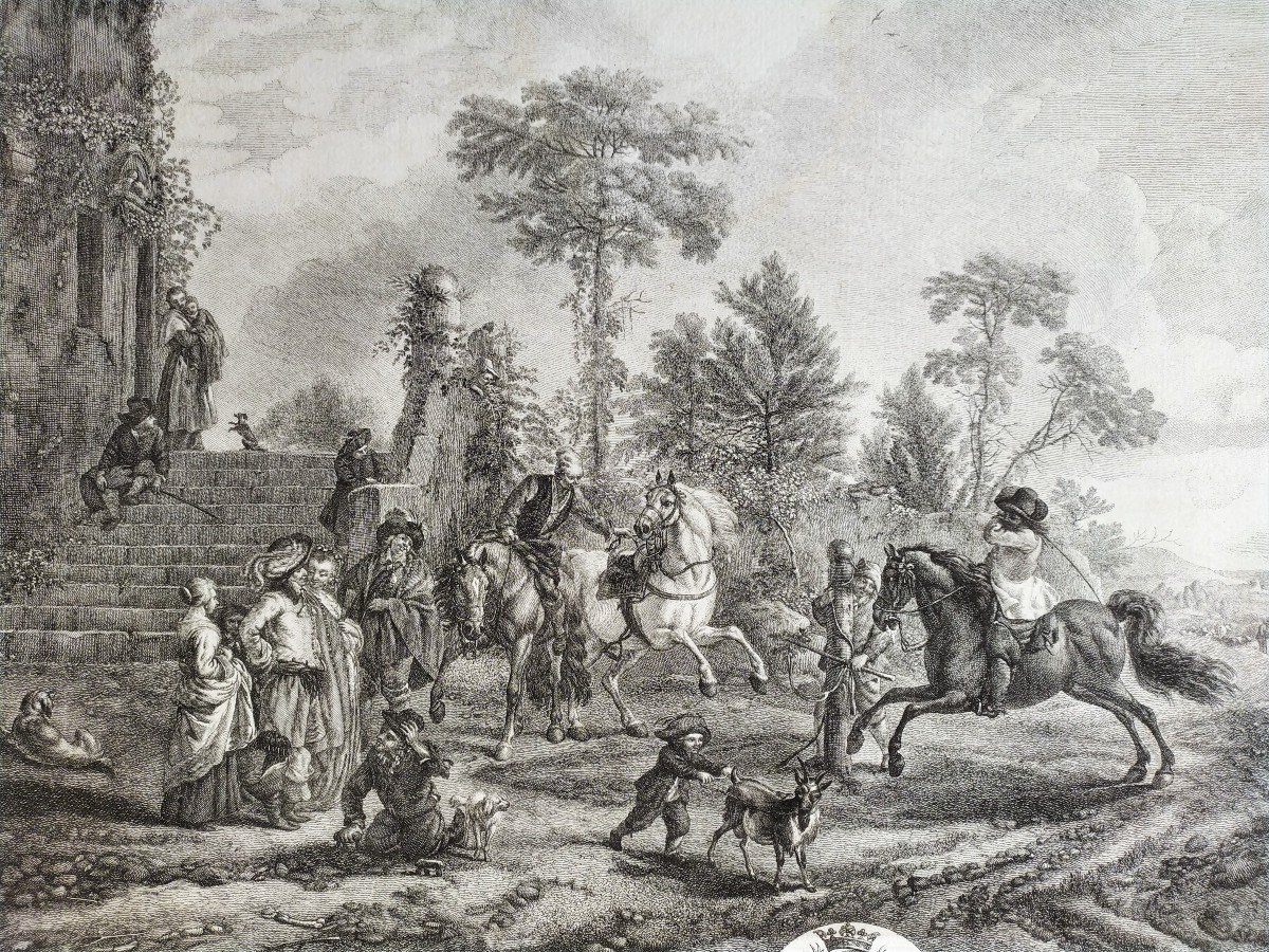 Horses Etching 18th C Engraving Old Print -photo-5