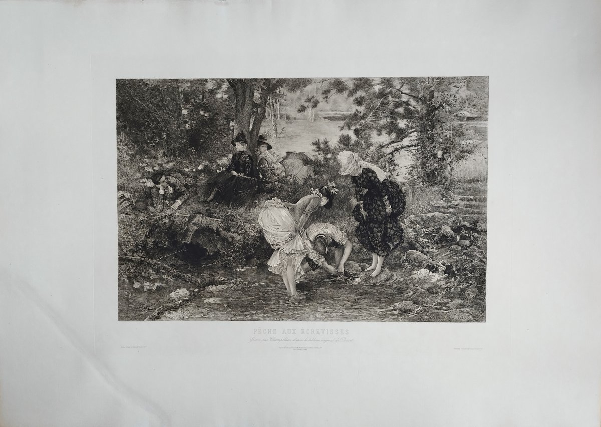 Antique Engraving By Champollion: *crayfish Fishing* Etching Old Print 19th C-photo-2