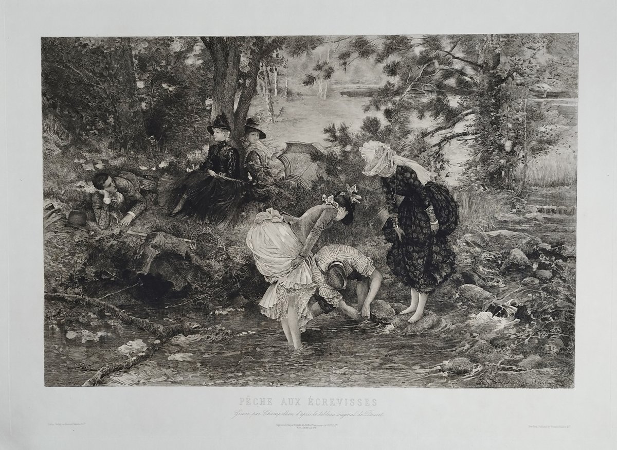 Antique Engraving By Champollion: *crayfish Fishing* Etching Old Print 19th C-photo-3