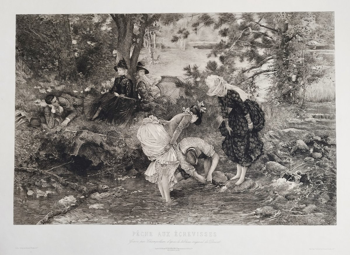 Antique Engraving By Champollion: *crayfish Fishing* Etching Old Print 19th C