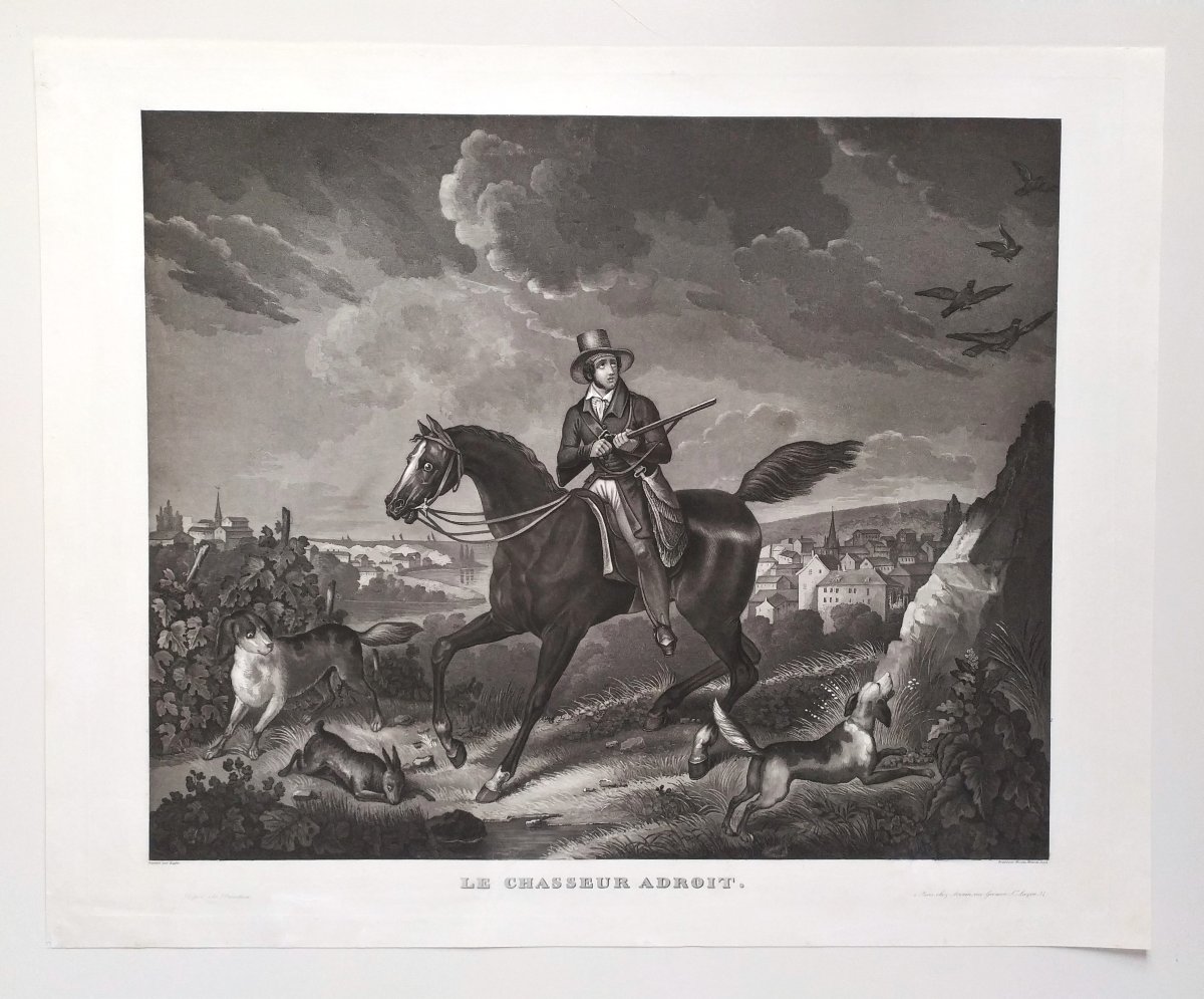  Gravure De Chasse Par Moreau Chasseur Cheval Chien 19ème-photo-3