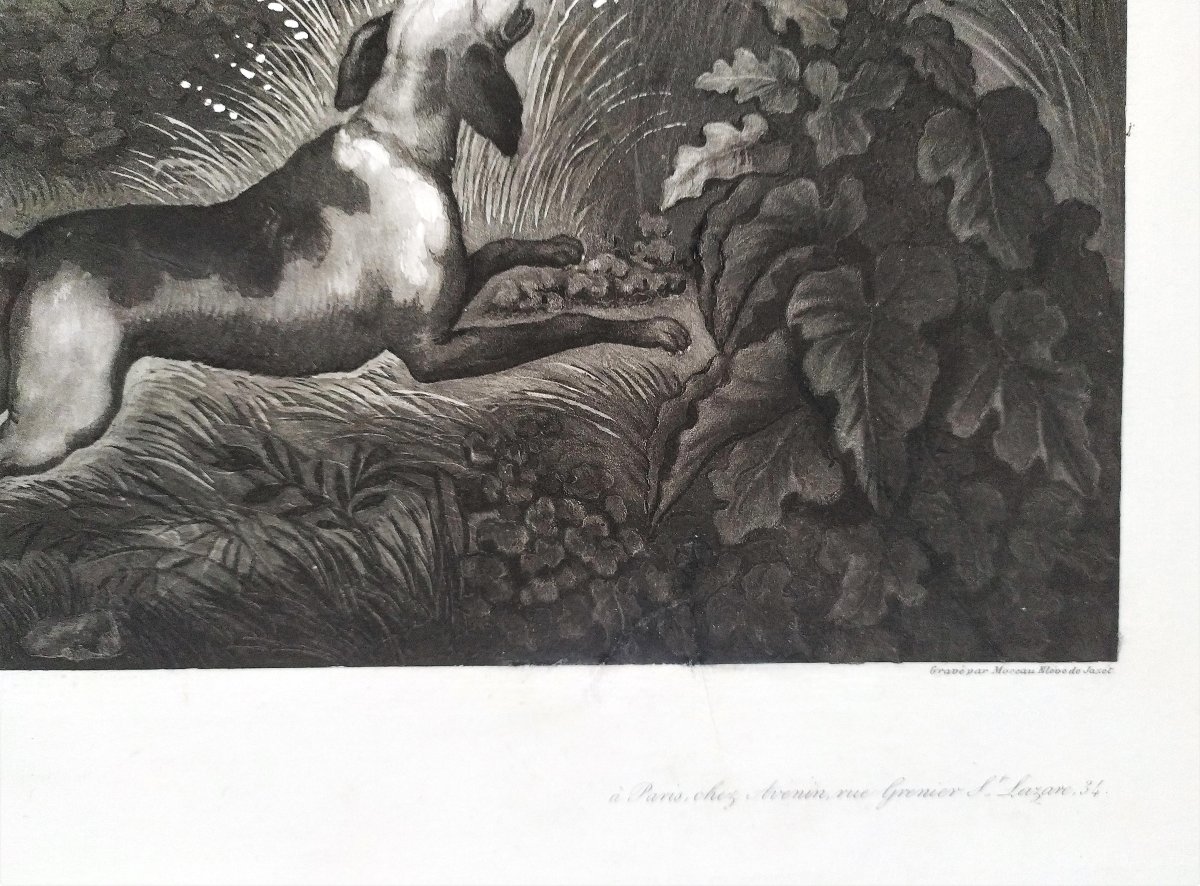  Gravure De Chasse Par Moreau Chasseur Cheval Chien 19ème-photo-1