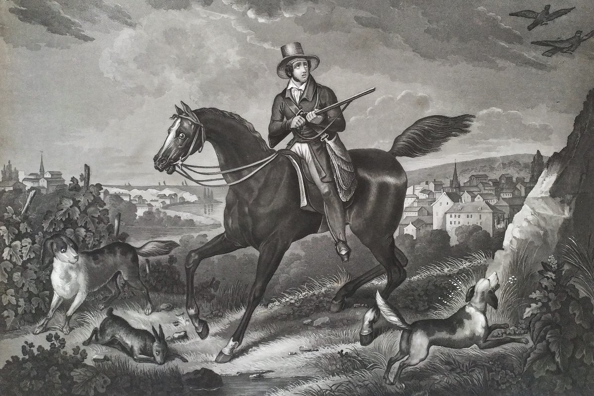  Gravure De Chasse Par Moreau Chasseur Cheval Chien 19ème-photo-3