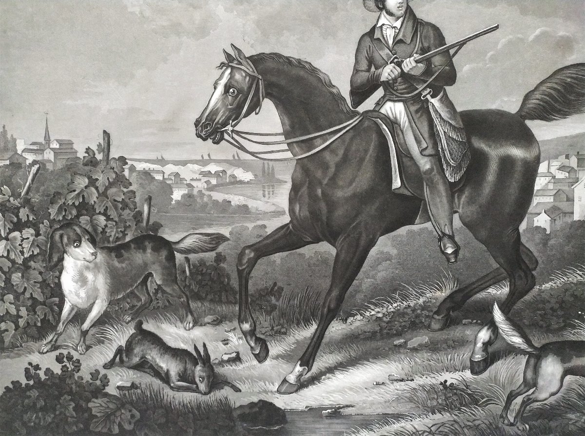  Gravure De Chasse Par Moreau Chasseur Cheval Chien 19ème-photo-4