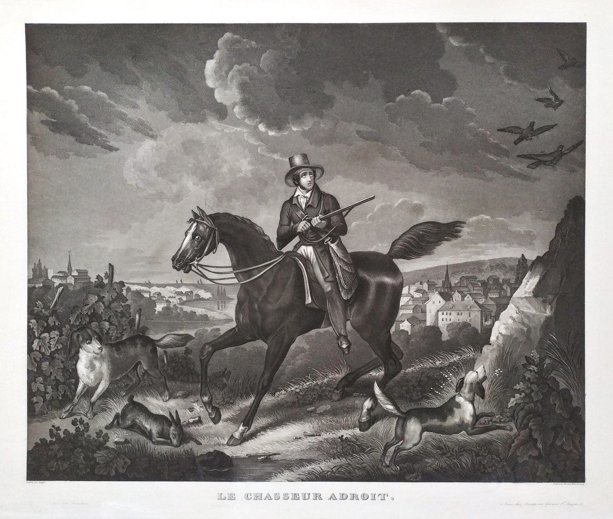  Gravure De Chasse Par Moreau Chasseur Cheval Chien 19ème