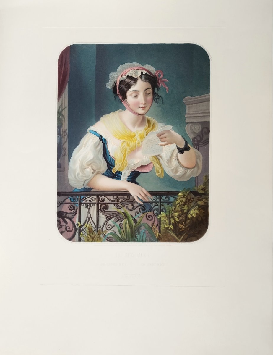 Portrait de femme gravure  ancienne par Garnier d'après André, aquarellée -photo-2